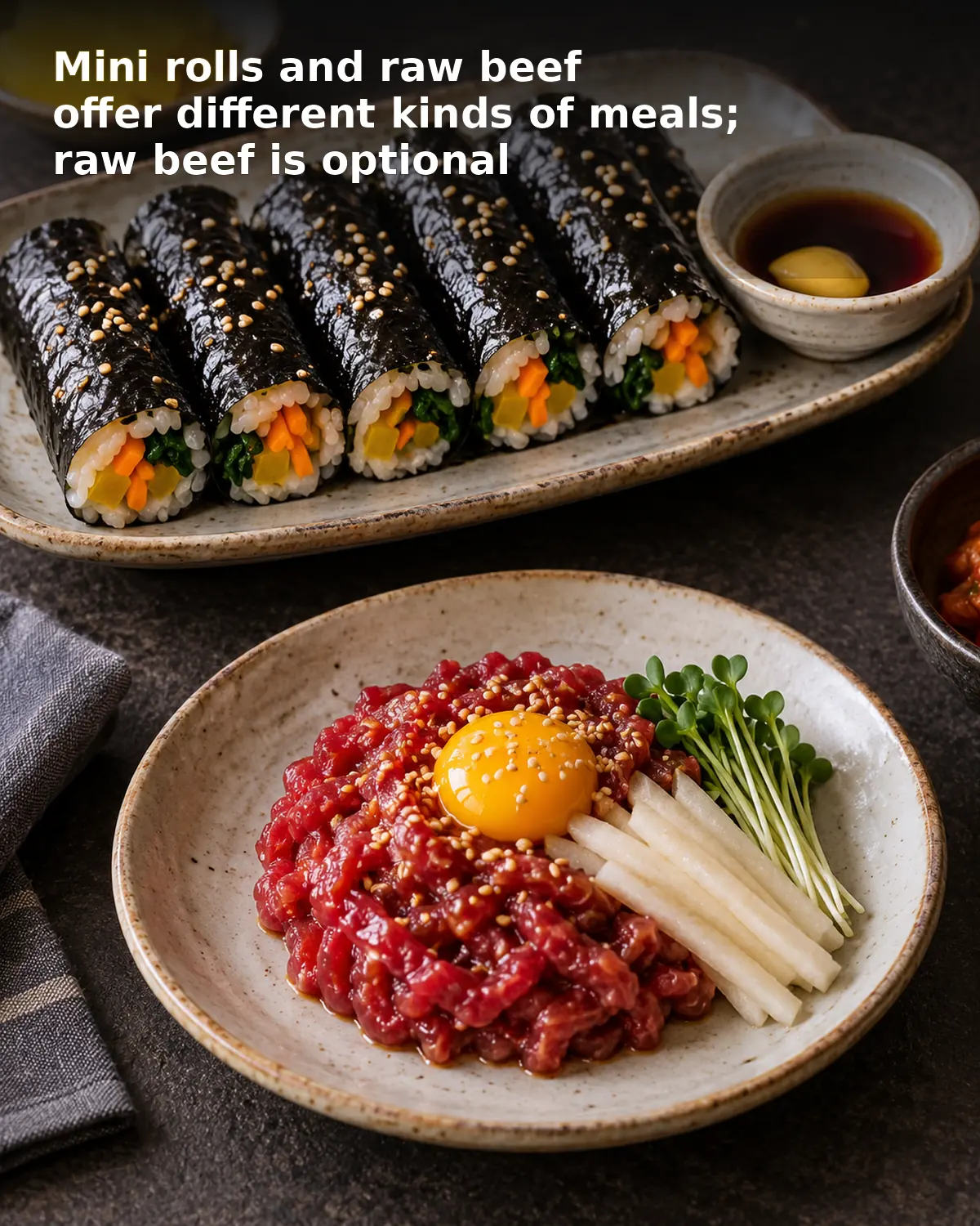 Mini rolls and raw beef offer different kinds of meals; raw beef is optional