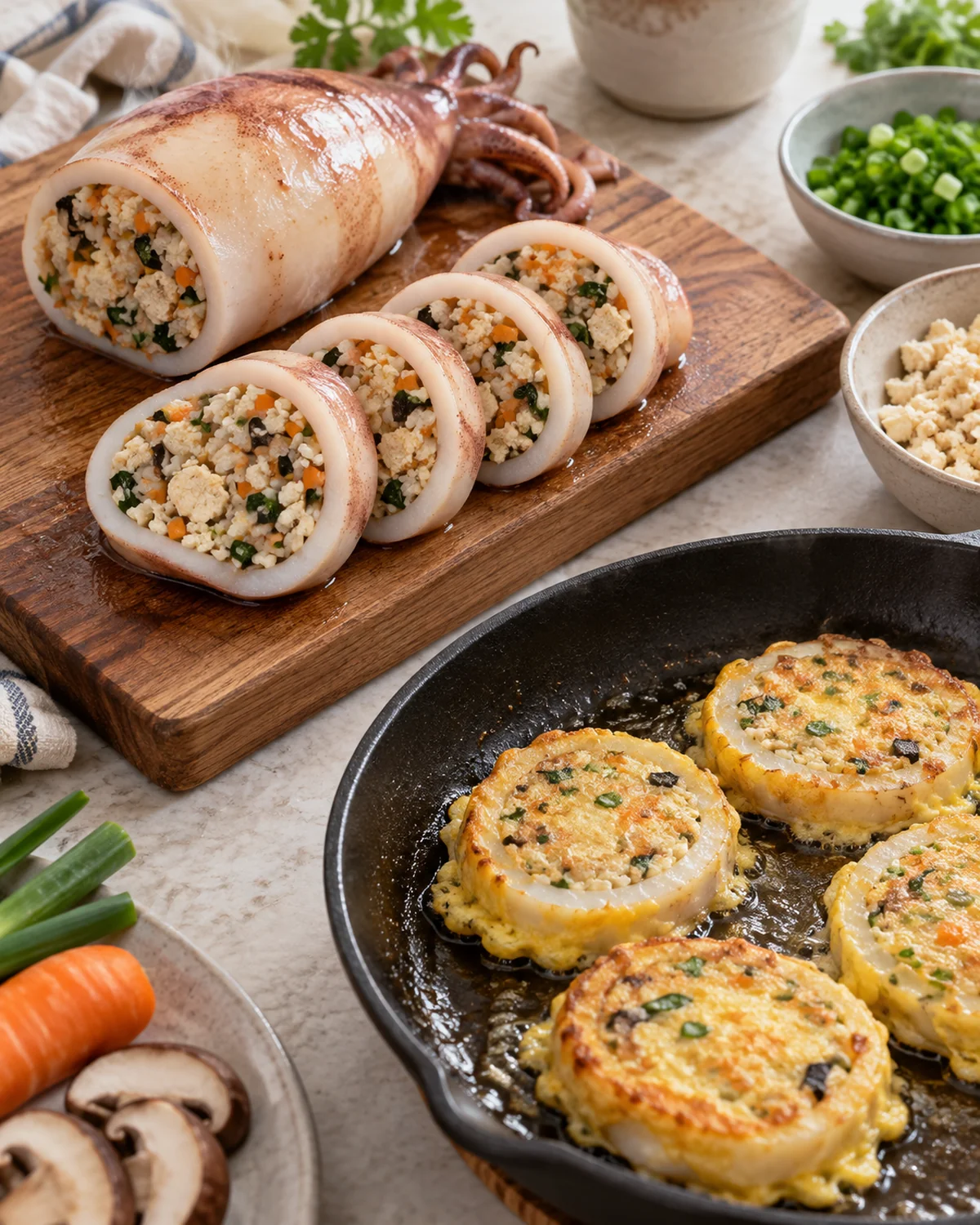 Egg frying is an additional serving step after stuffing and steaming