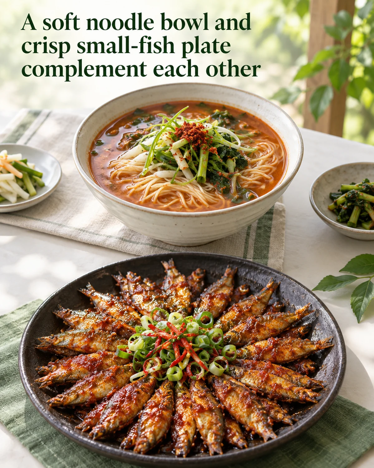 A soft noodle bowl and crisp small-fish plate complement each other