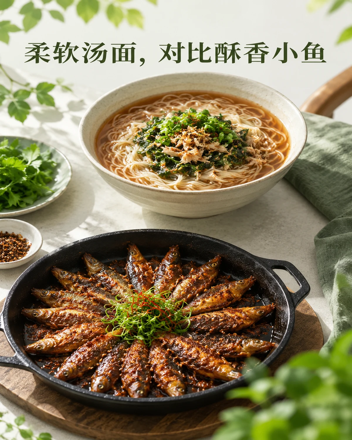 柔软汤面，对比酥香小鱼