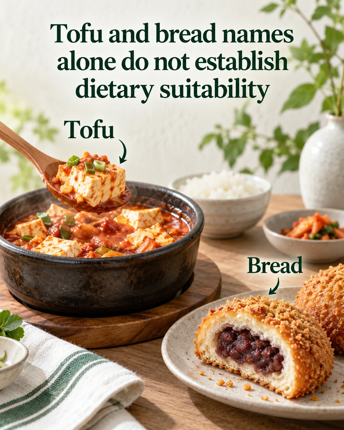 Tofu and bread names alone do not establish dietary suitability