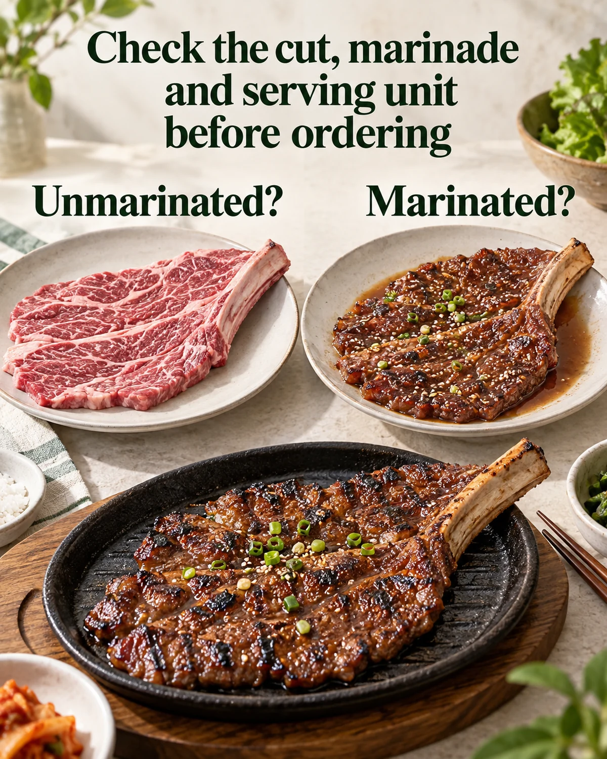 Check the cut, marinade and serving unit before ordering