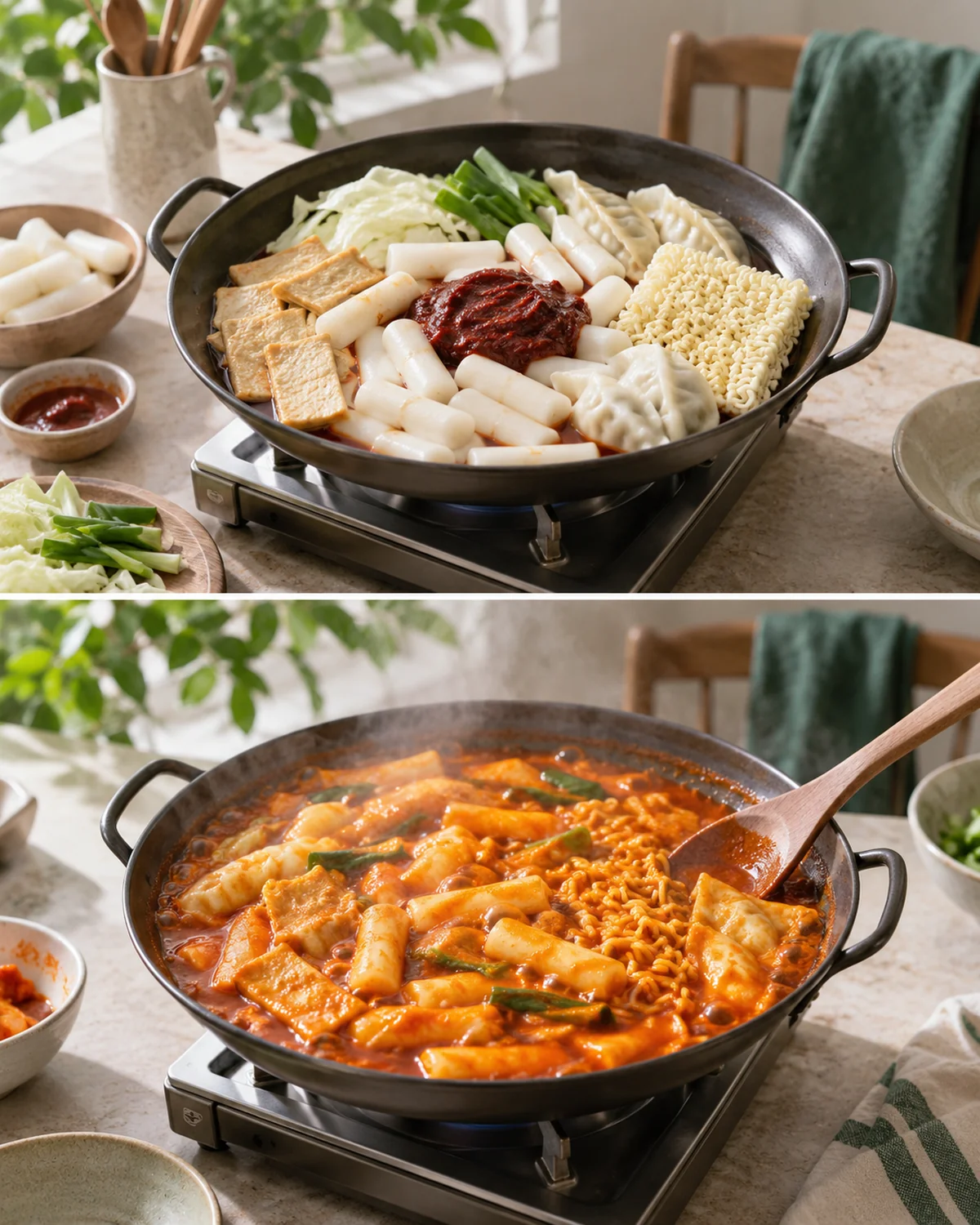 The pan changes as the rice cakes and noodles absorb sauce