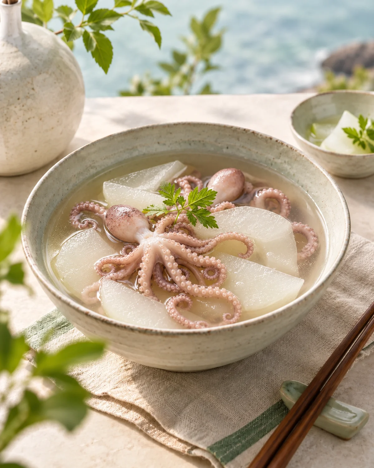 Baksok nakji-tang foregrounds a lighter broth and gourd