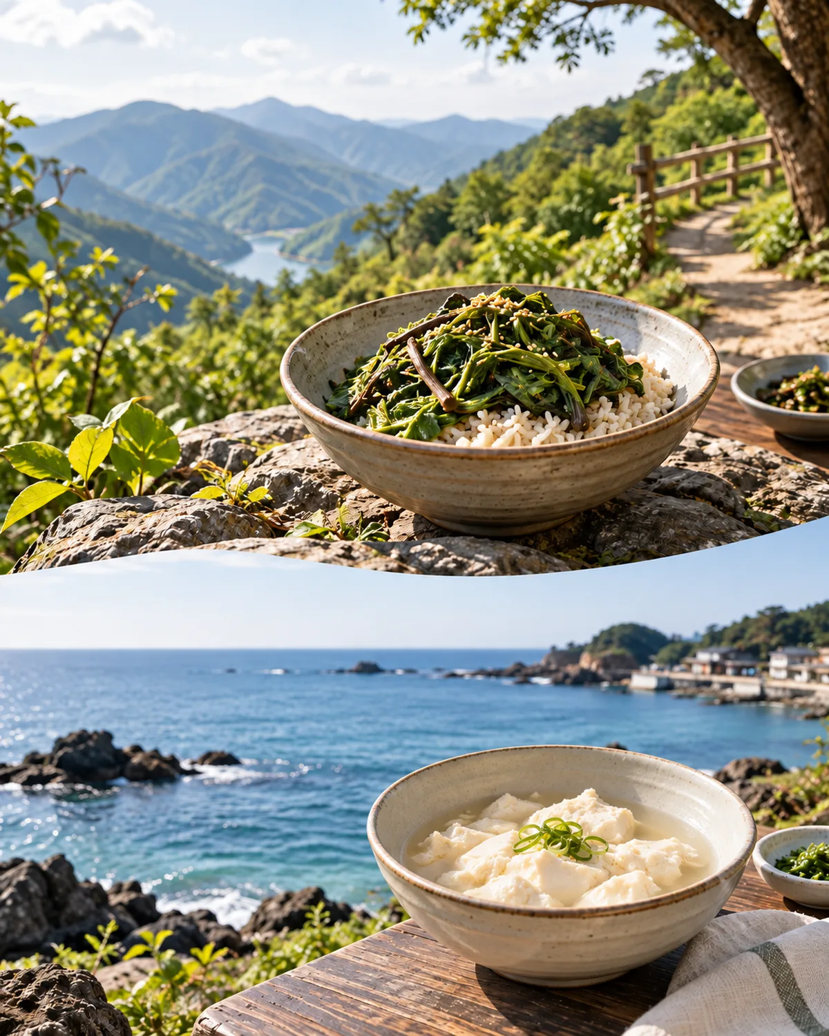 Mountain greens cooked with rice and coastal soft tofu connect a region to two different ingredients and techniques.