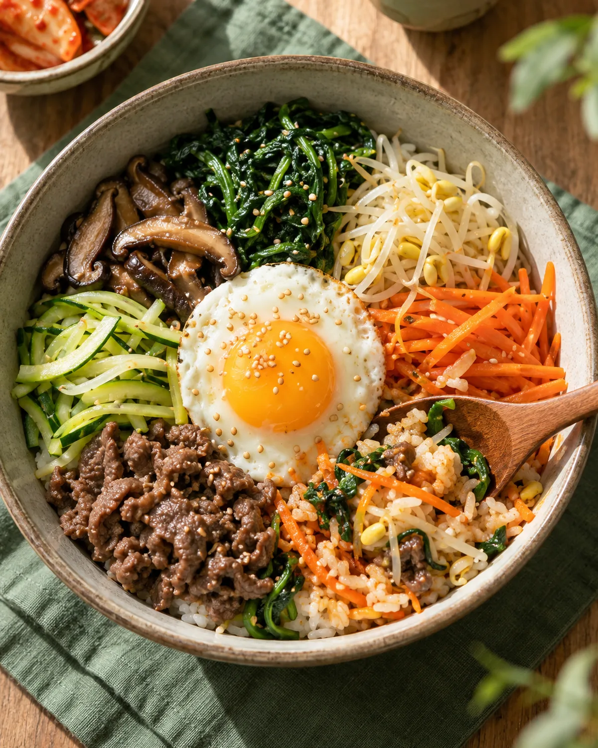 Bibimbap toppings arrive separately arranged; mixing changes the balance in each spoonful.