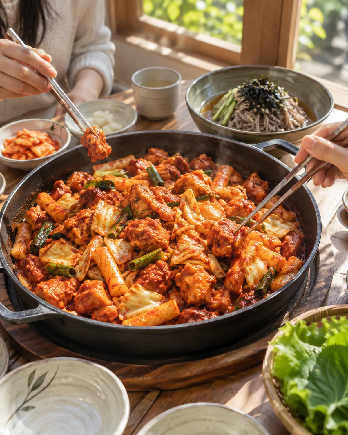A shared chicken pan and a smaller noodle bowl offer different weights within a meal.
