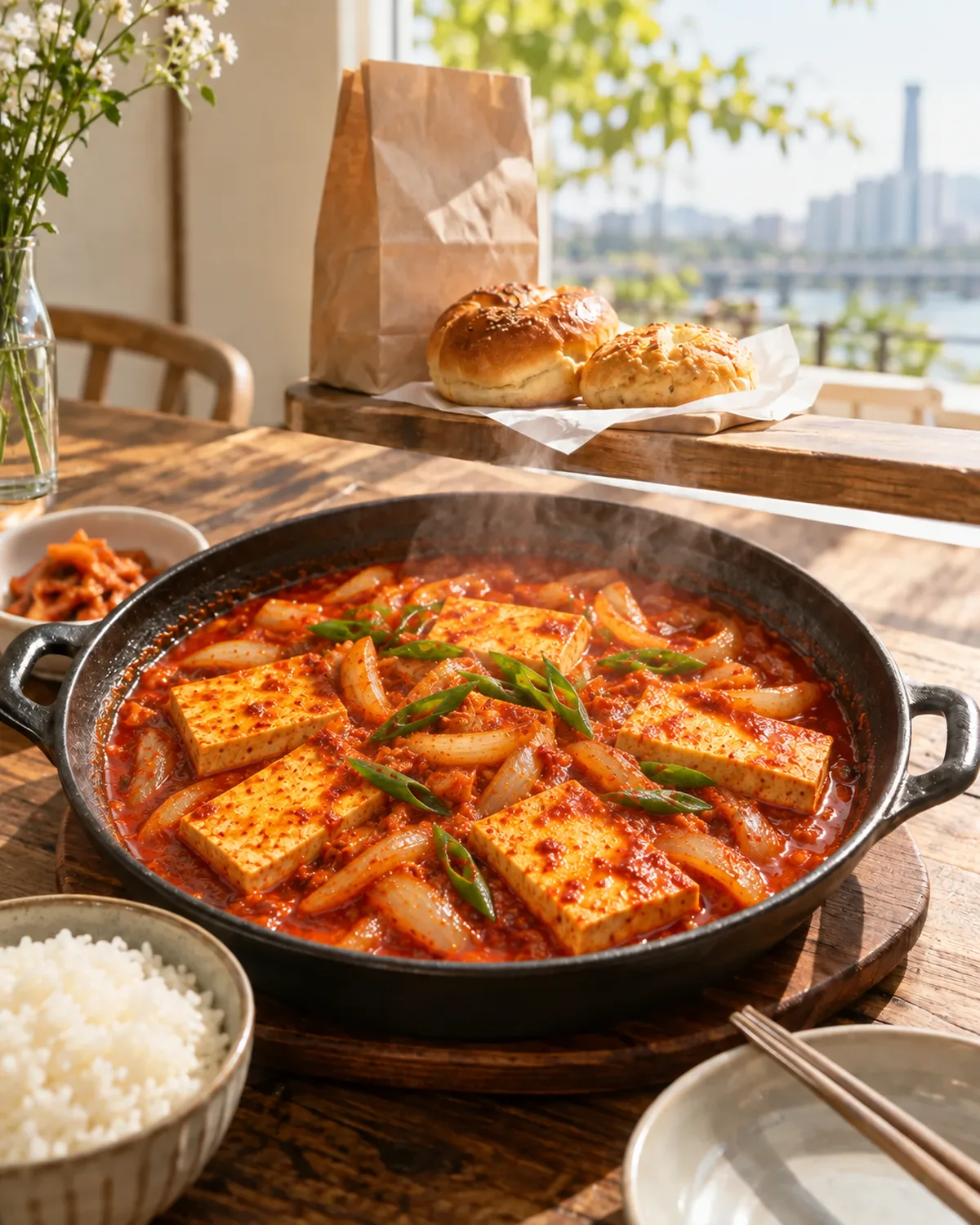 Spicy tofu is a seated meal; bread can leave the shop in a takeaway bag.