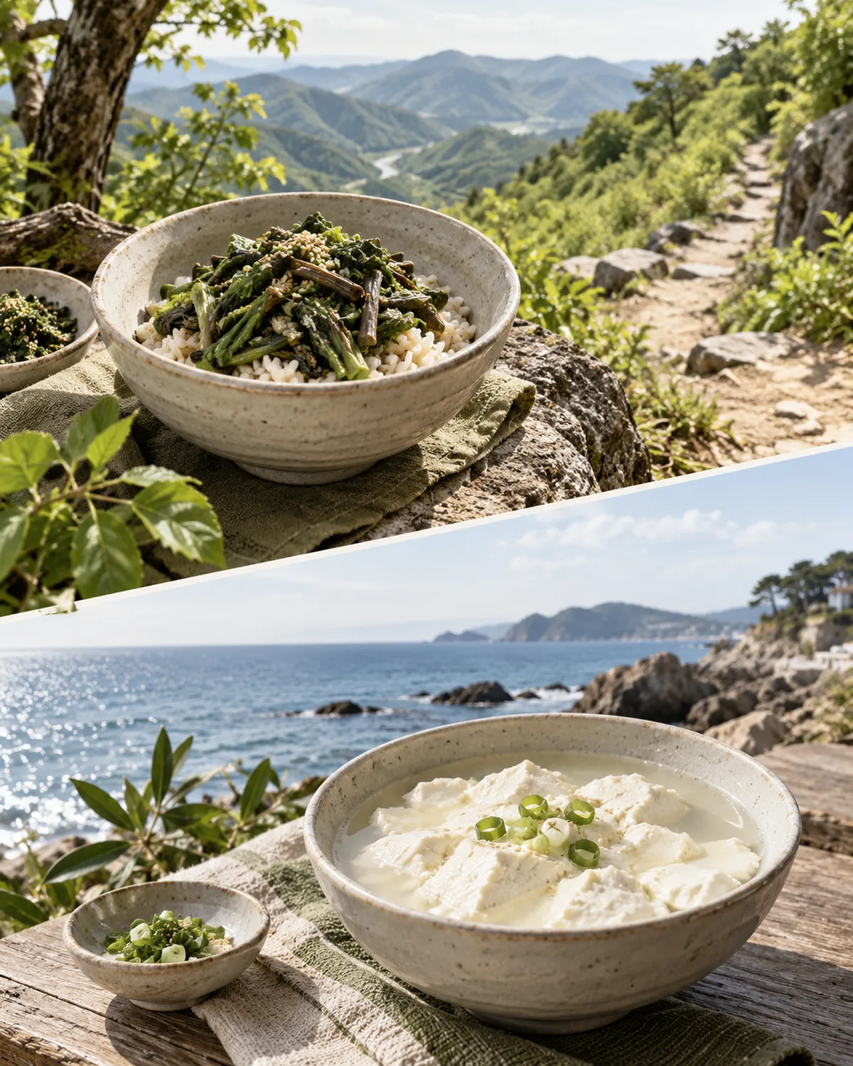 山菜を米と炊く一杯と、海辺の柔らかな豆腐。同じ地域でも材料と技術が違います。