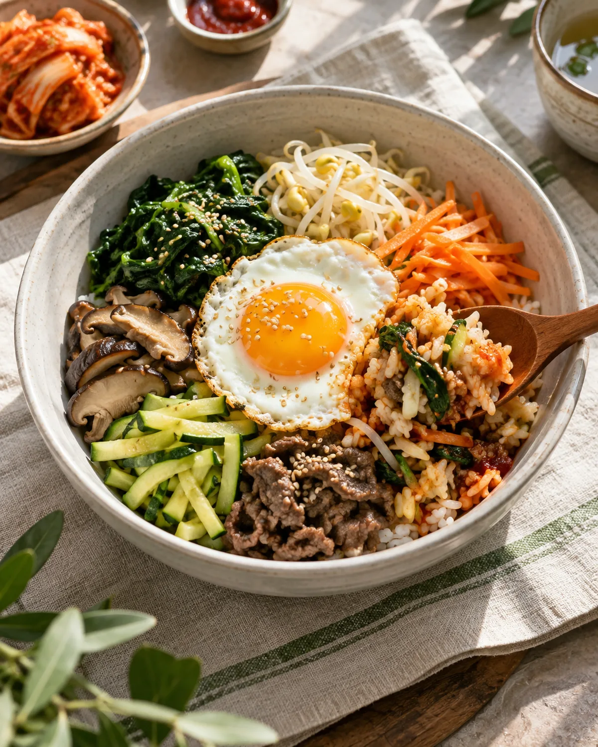 別々に盛られたビビンバの具は、混ぜることで一口ごとの味が変わります。