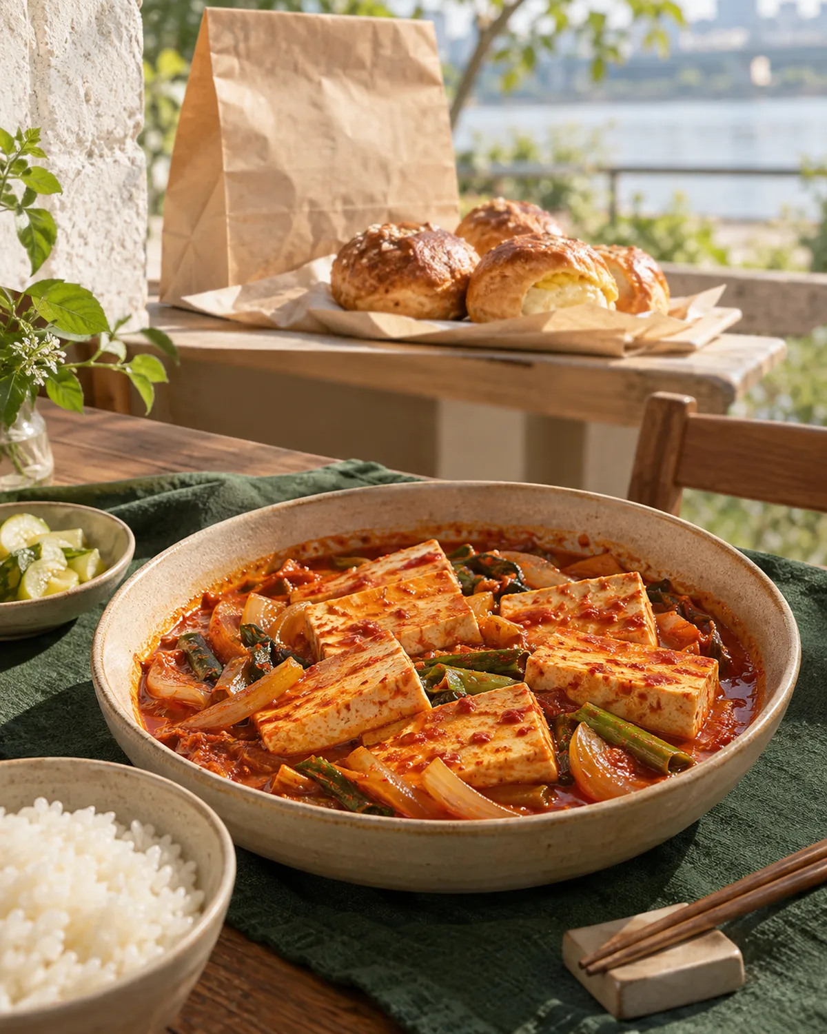 辣味豆腐适合坐下来吃，面包可以装袋带走；两种场景共同构成城市风味。