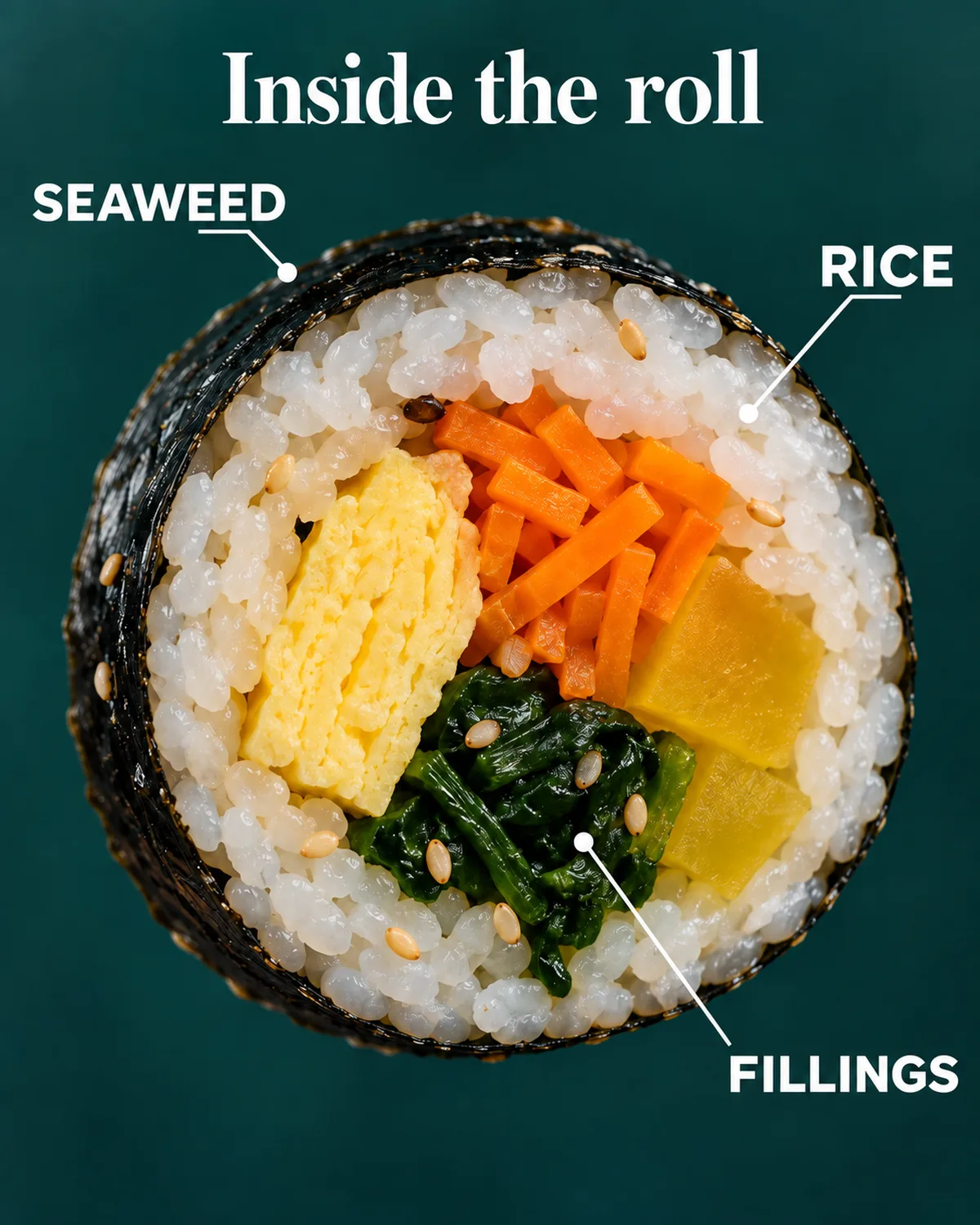 Seaweed holds the rice and contrasting fillings together in a sliceable meal.