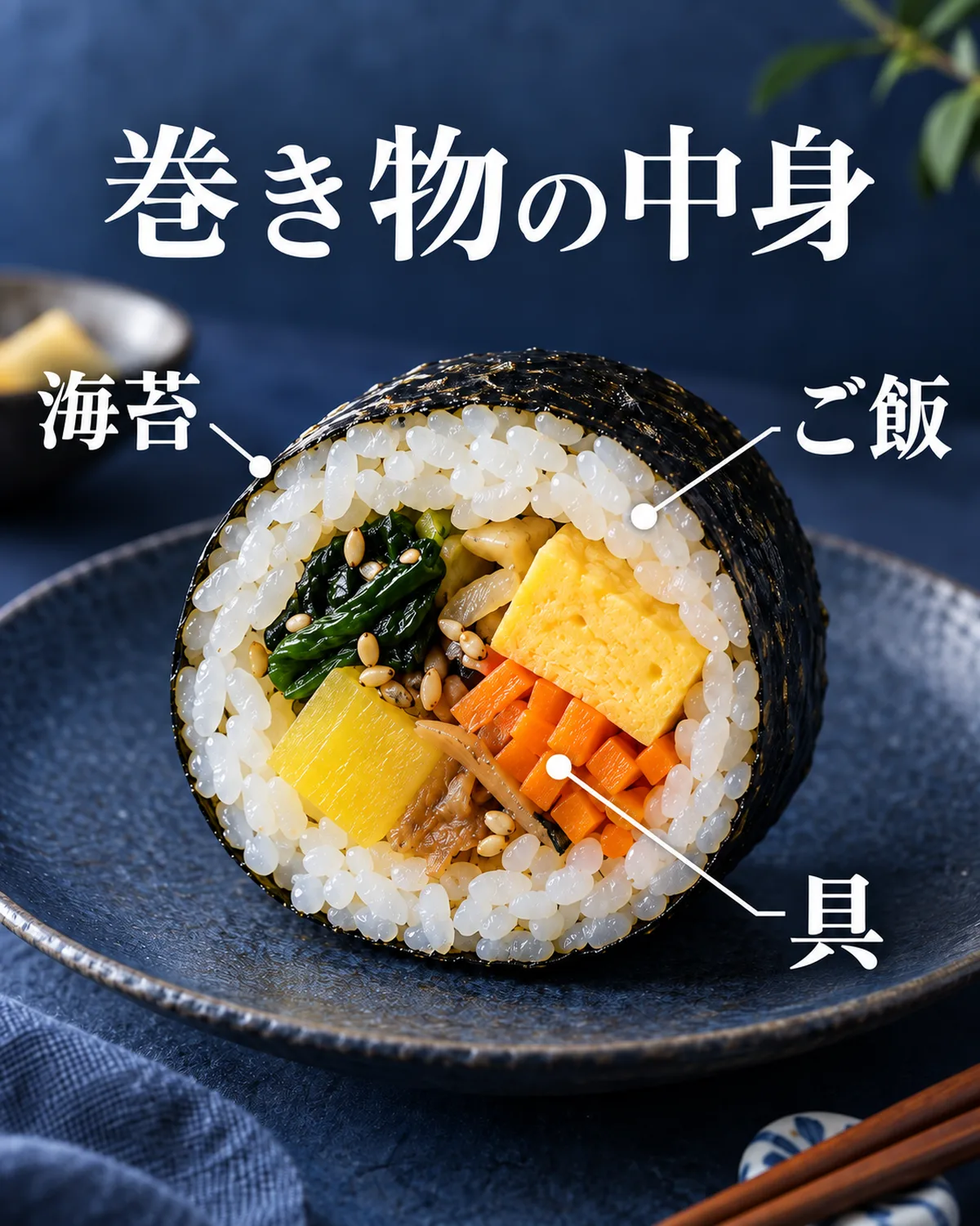 海苔がご飯と具を包み、切り口から味と食感の組み合わせが見える。