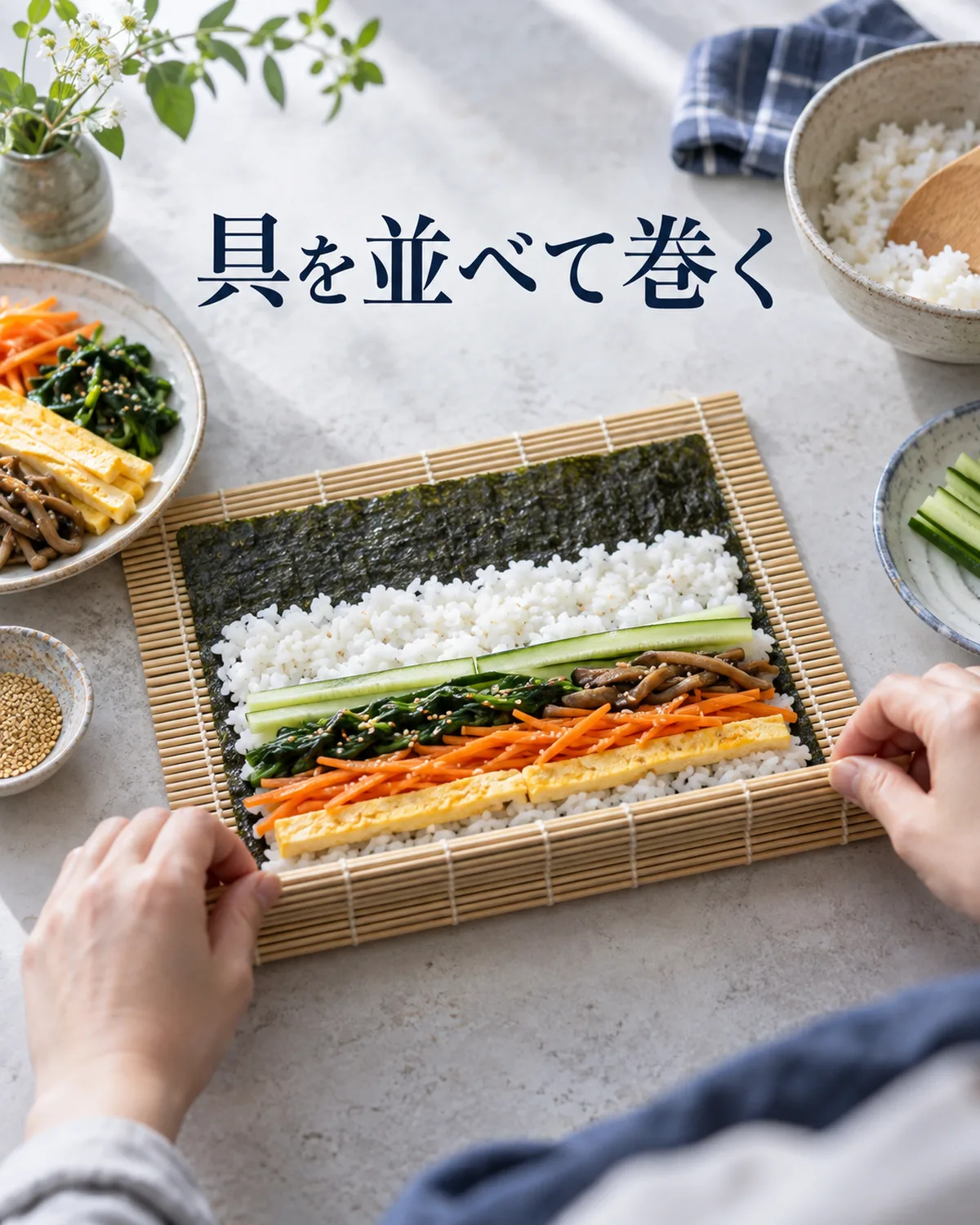 細長くそろえた具を並べると、巻き物の長さに沿って味と食感が行き渡る。