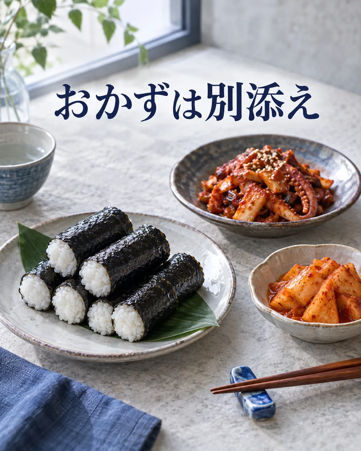 忠武キンパは、白いご飯の小さなのり巻きと、イカや大根のおかずを別々に味わう。