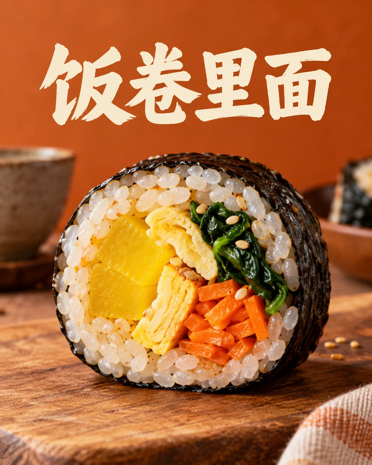 海苔包住米饭和内馅，切面让不同食材的口感组合一目了然。