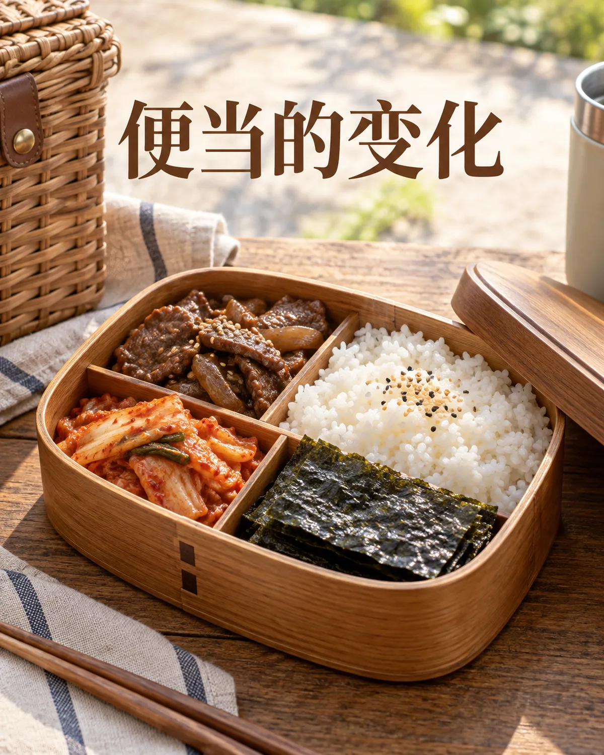 米饭、海苔、牛肉和泡菜分别装在便当中。