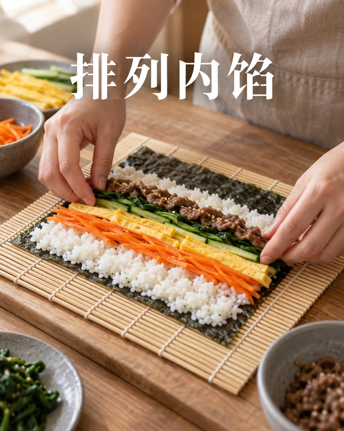 把准备好的长条内馅排列整齐，能让味道沿整条饭卷均匀分布。