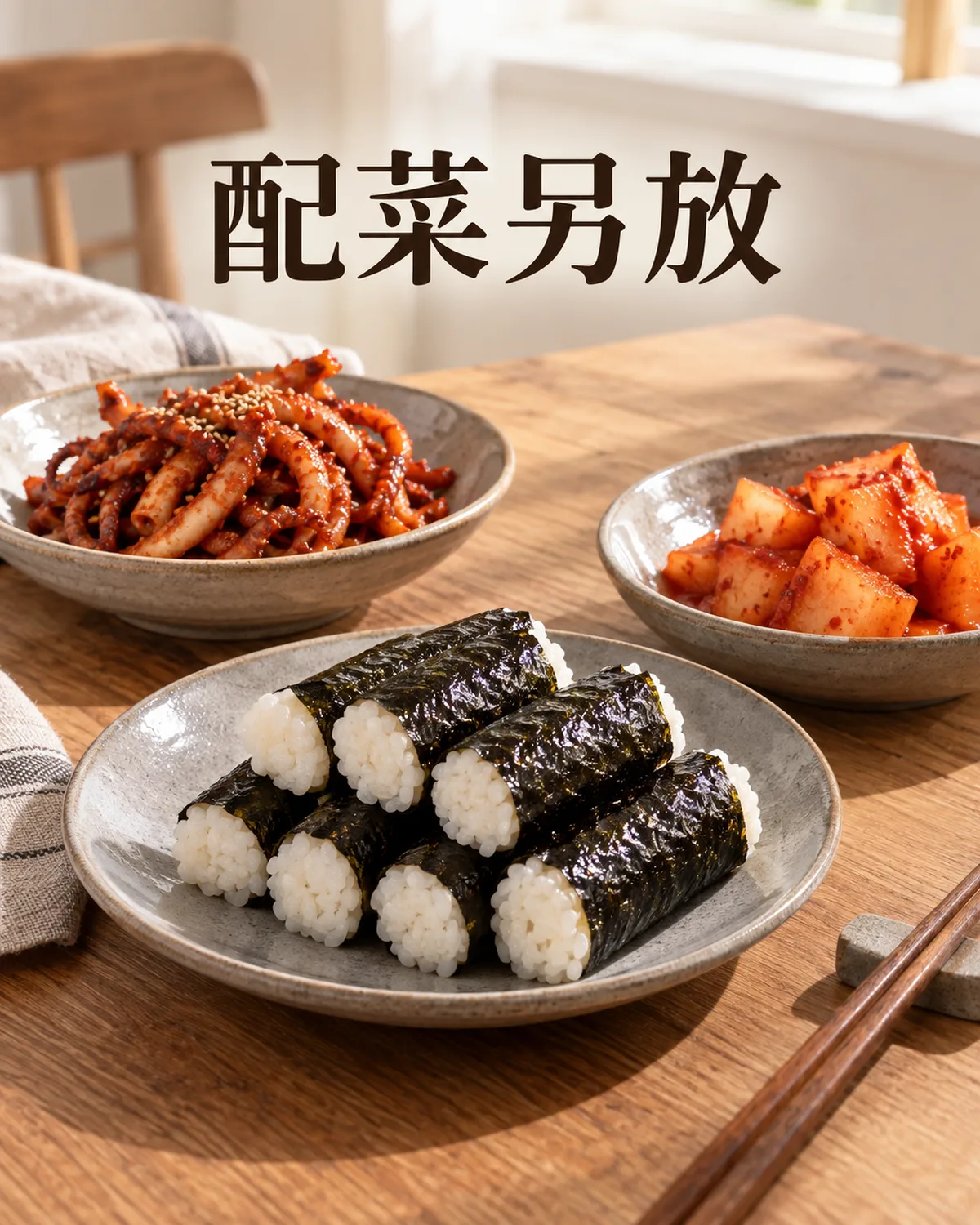 忠武紫菜包饭把白米小卷与辣拌鱿鱼、萝卜泡菜分开，让食客交替搭配。