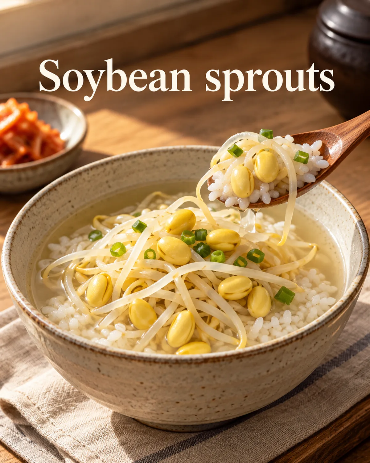 Large yellow soybean heads and long stems give kongnamul its recognizable texture above the rice.