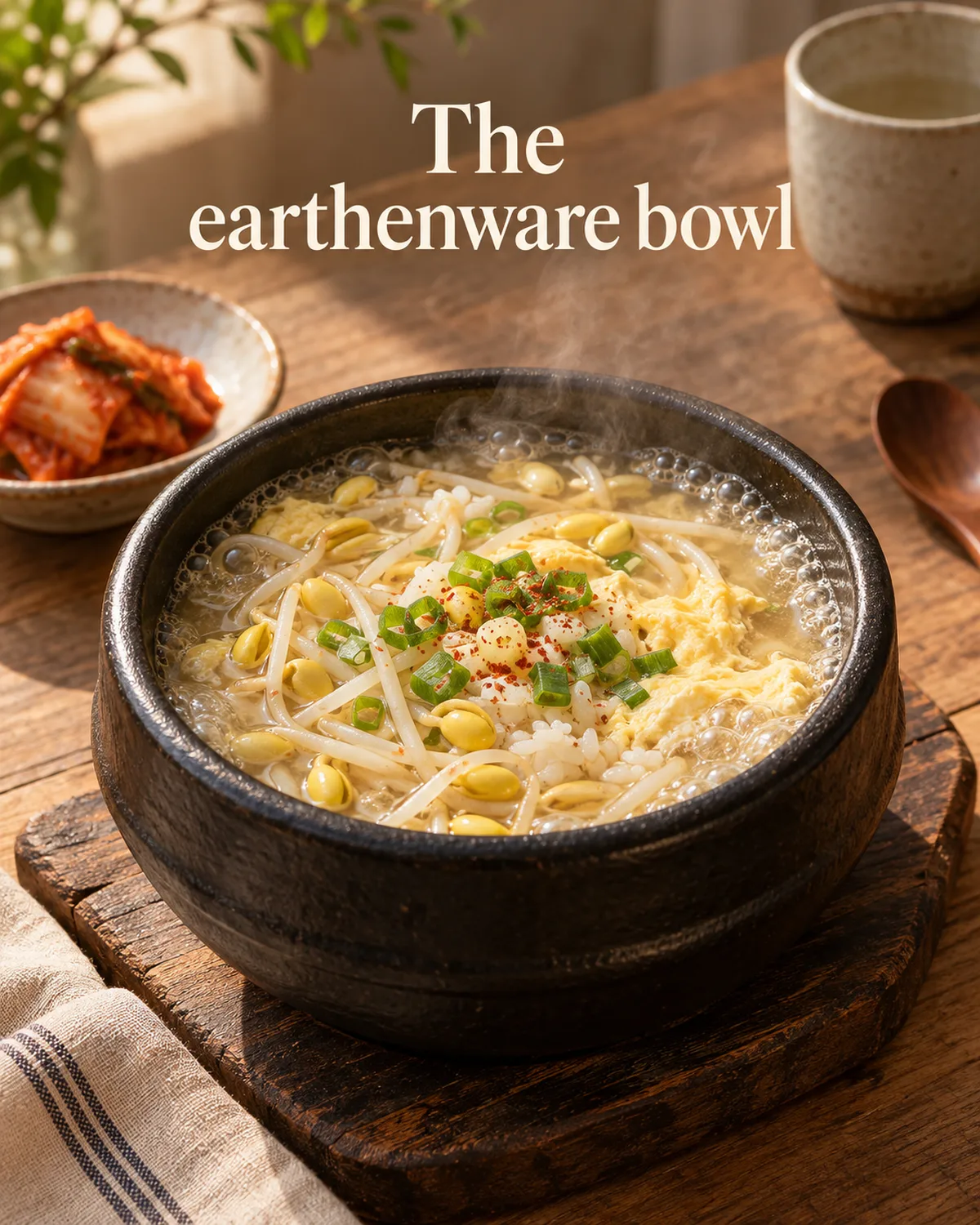 The heated earthenware bowl keeps rice, sprouts and incorporated egg cooking together.