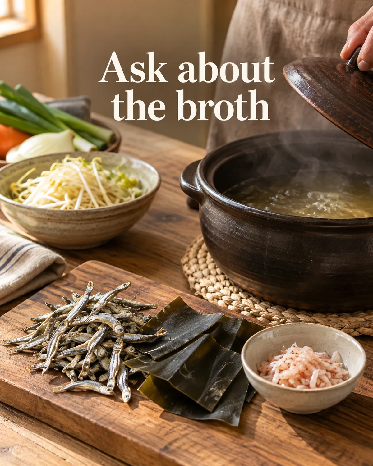 Anchovies, kelp and salted shrimp illustrate possible broth or seasoning ingredients; ask the shop about its recipe.
