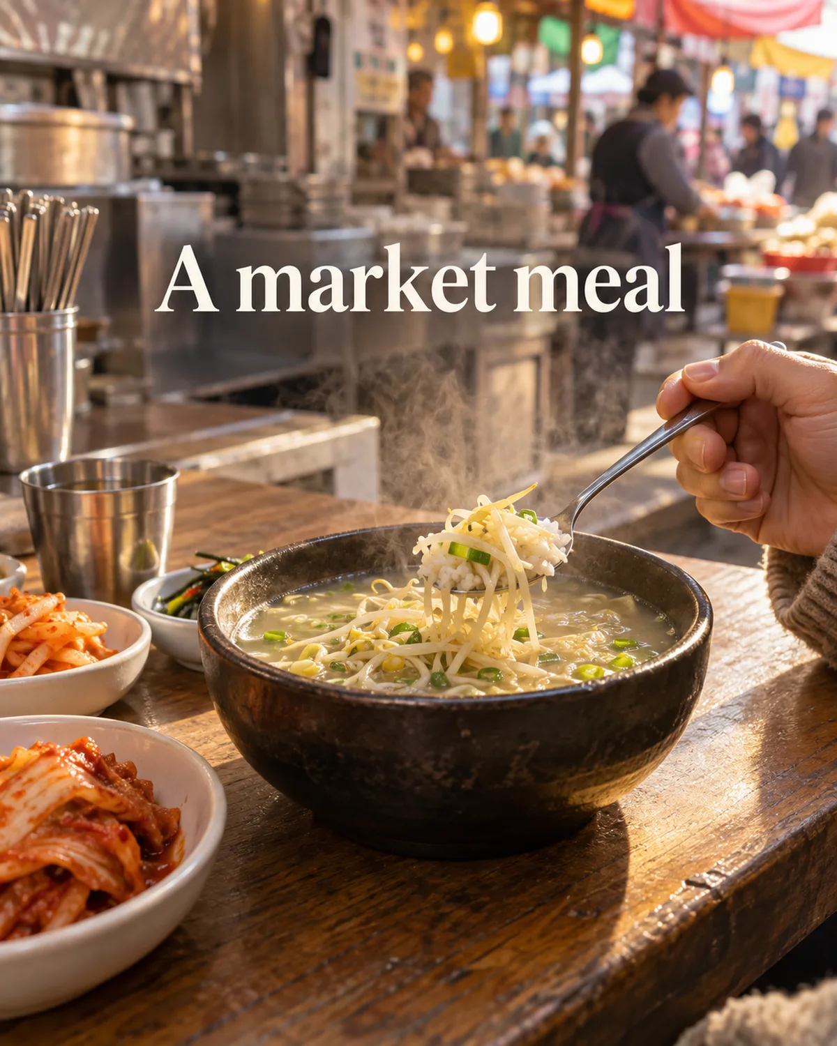 A market counter and a bowl of bean-sprout soup show the dish as a practical meal.