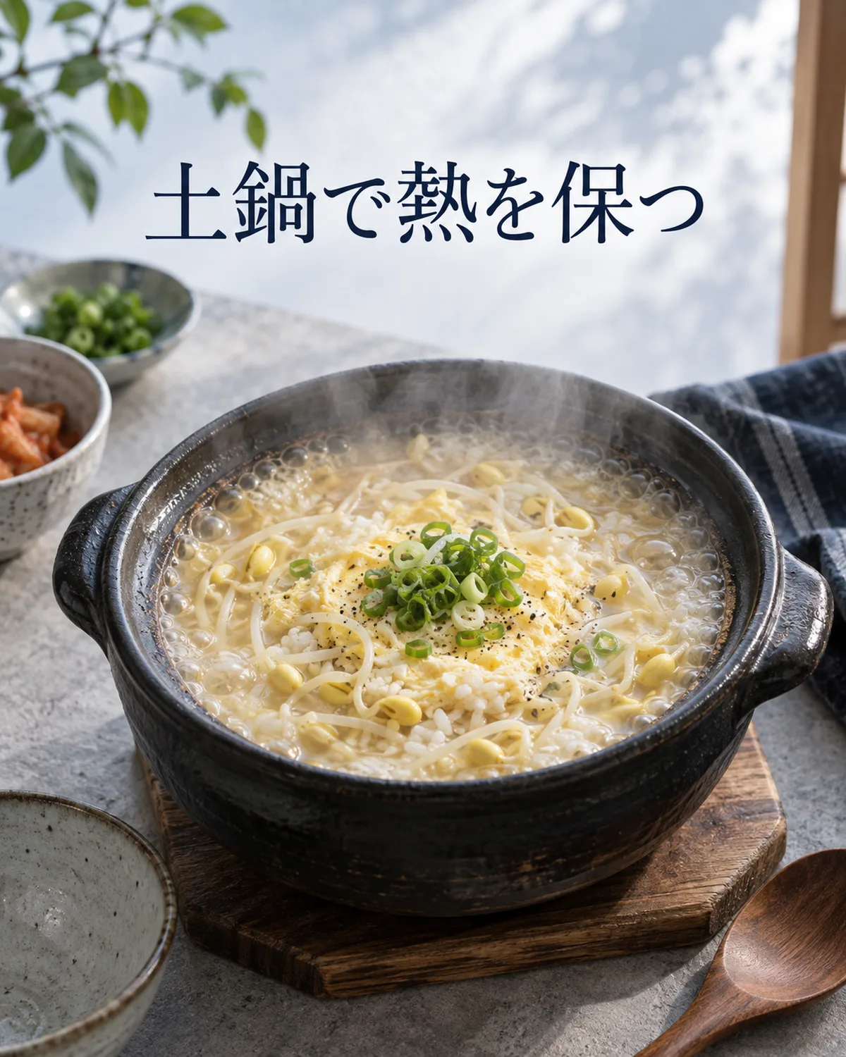 熱を保つ土鍋の中で、ご飯、豆もやし、卵が一緒に煮える。