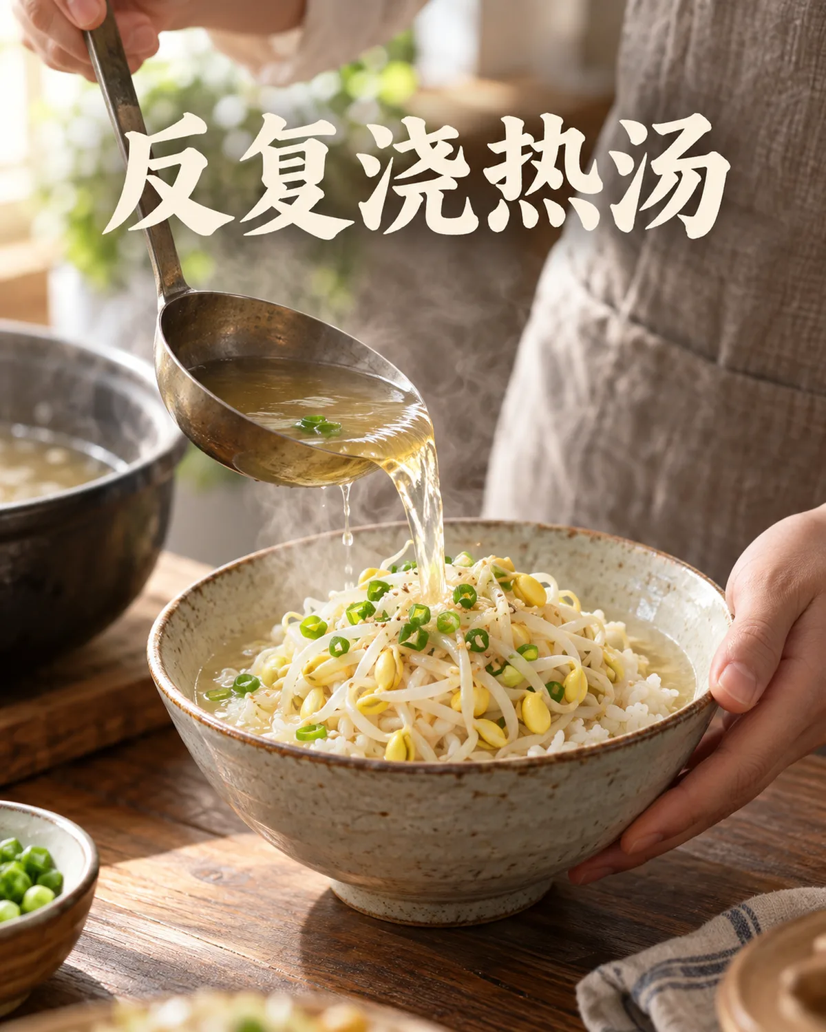 反复把热汤浇过米饭与豆芽的做法,也是在为食材均匀加热。