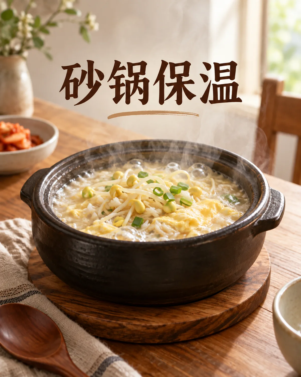 保温的砂锅让米饭、豆芽与加入汤中的鸡蛋一起继续受热。