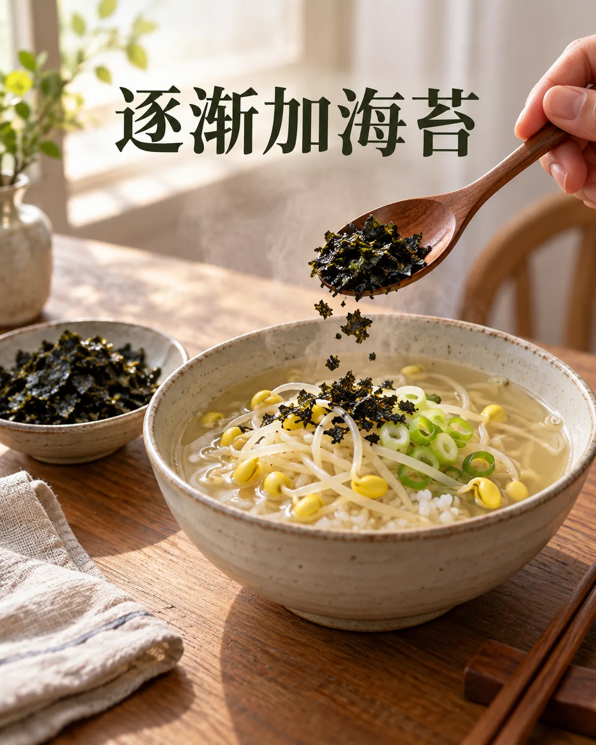 烤海苔吸汤后口感会改变,加入的时机也影响吃法。