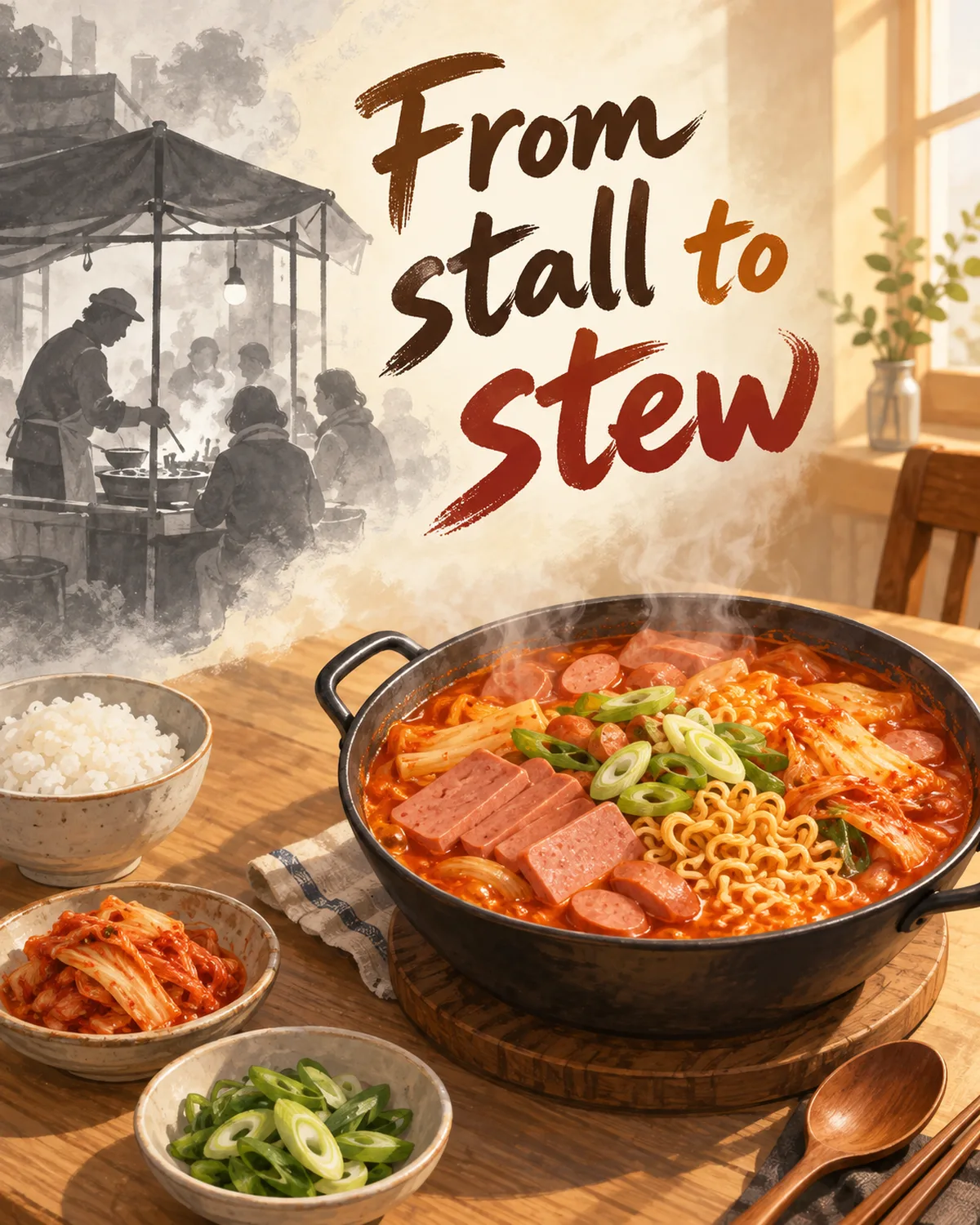 A food stall and a pot of budae jjigae connect the dish with everyday restaurant culture.