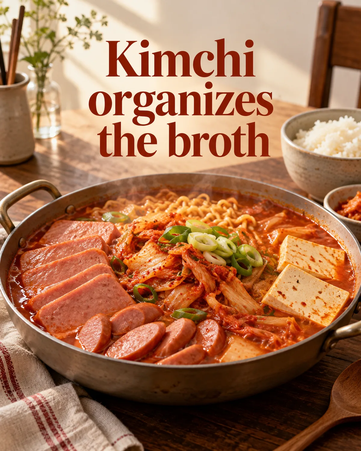Fermented cabbage contributes sourness and seasoning to the chili broth.