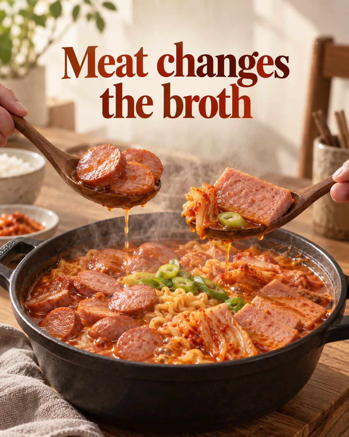 Luncheon meat and sausage contribute different textures and concentrated seasoning as they simmer.