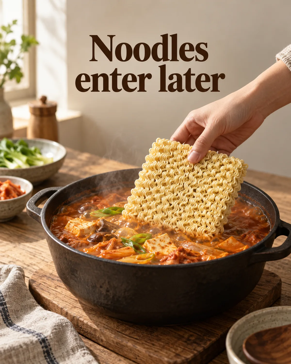 Ramyeon added after the broth develops can retain more bite before it absorbs the liquid.