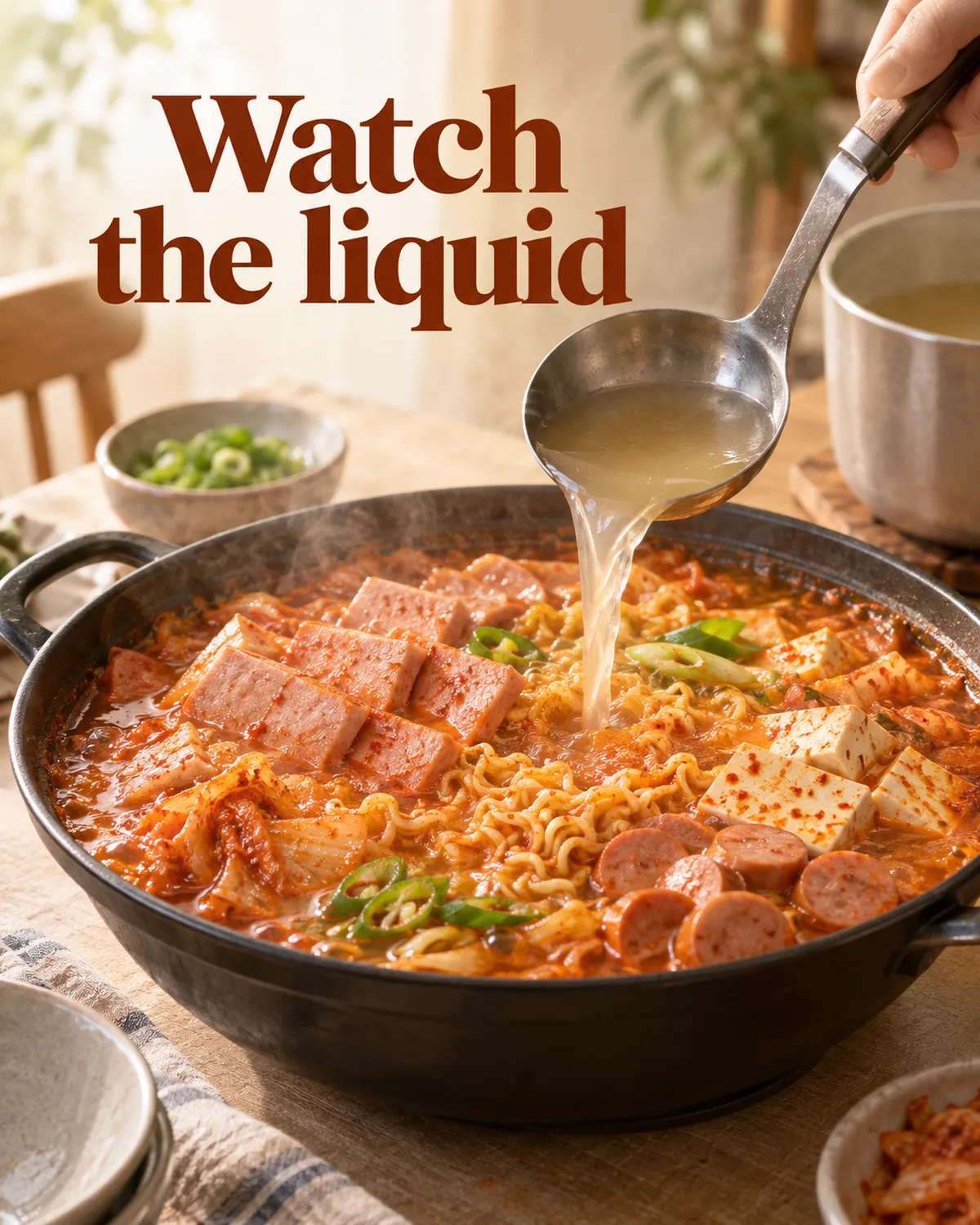 Check the broth level as noodles absorb liquid during the meal.