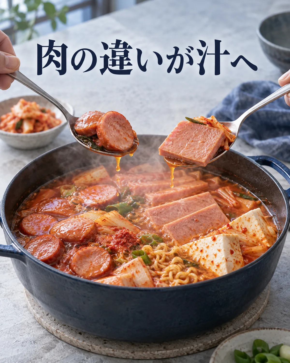ランチョンミートとソーセージは、煮ると汁に塩味やうま味を加える。