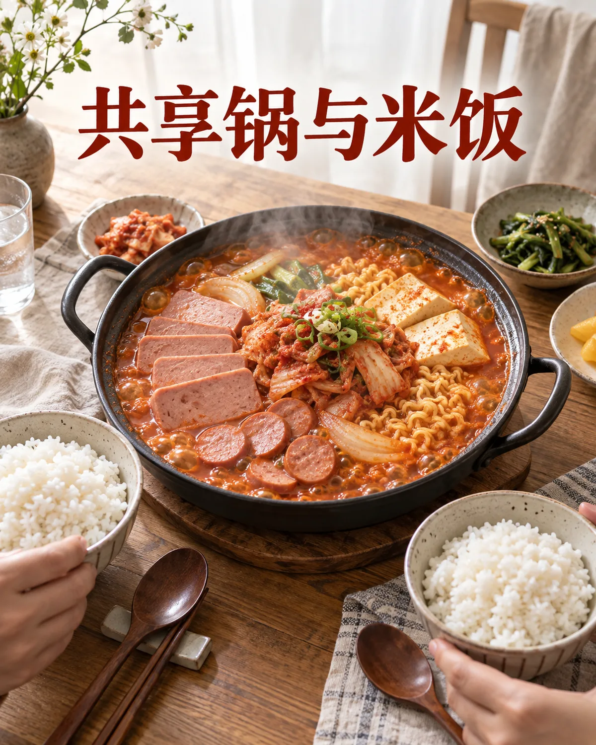 一桌共享汤锅,米饭可分别盛在每人的碗中。
