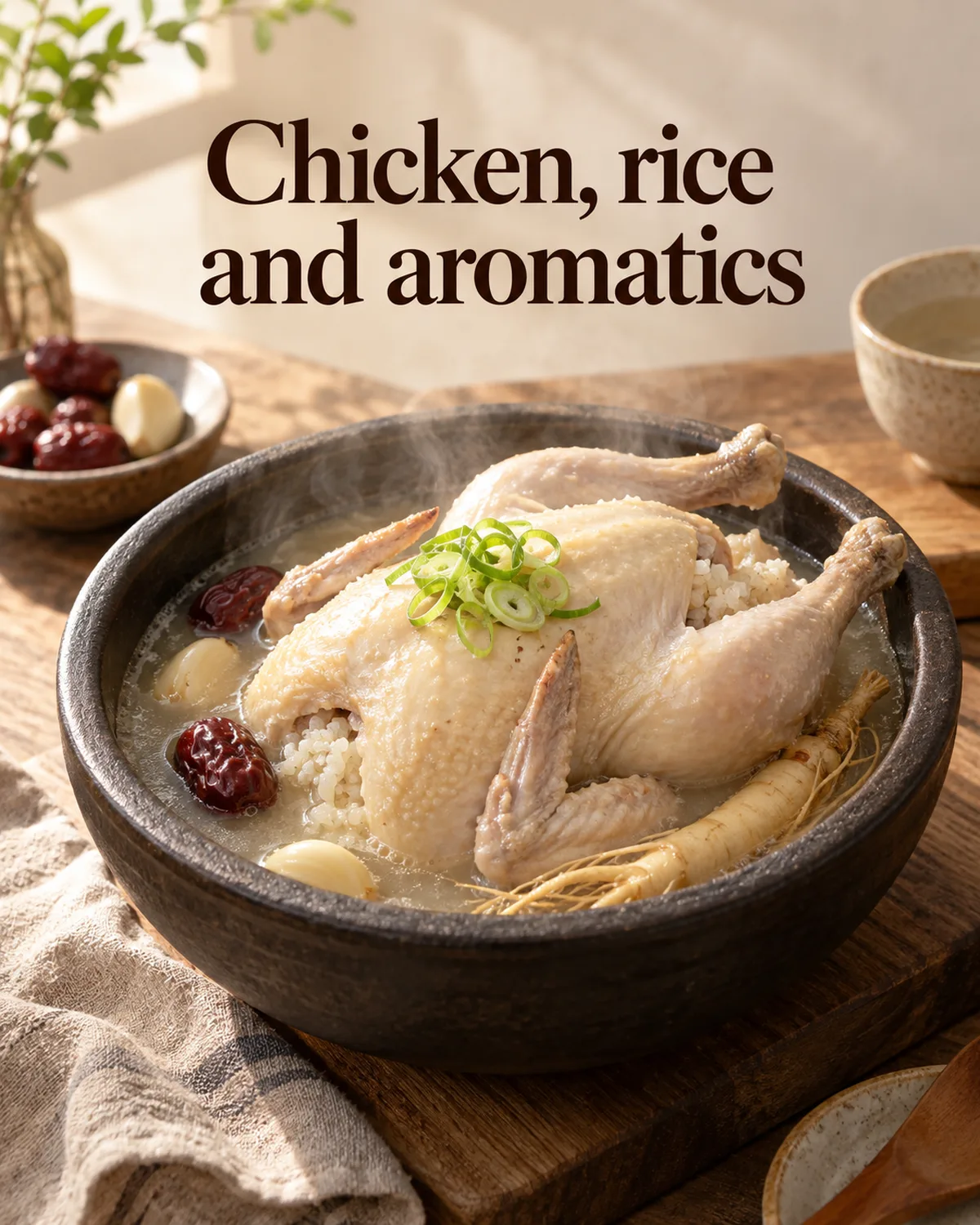 Chicken, glutinous rice, garlic, jujube and ginseng form a common combination; recipes vary.