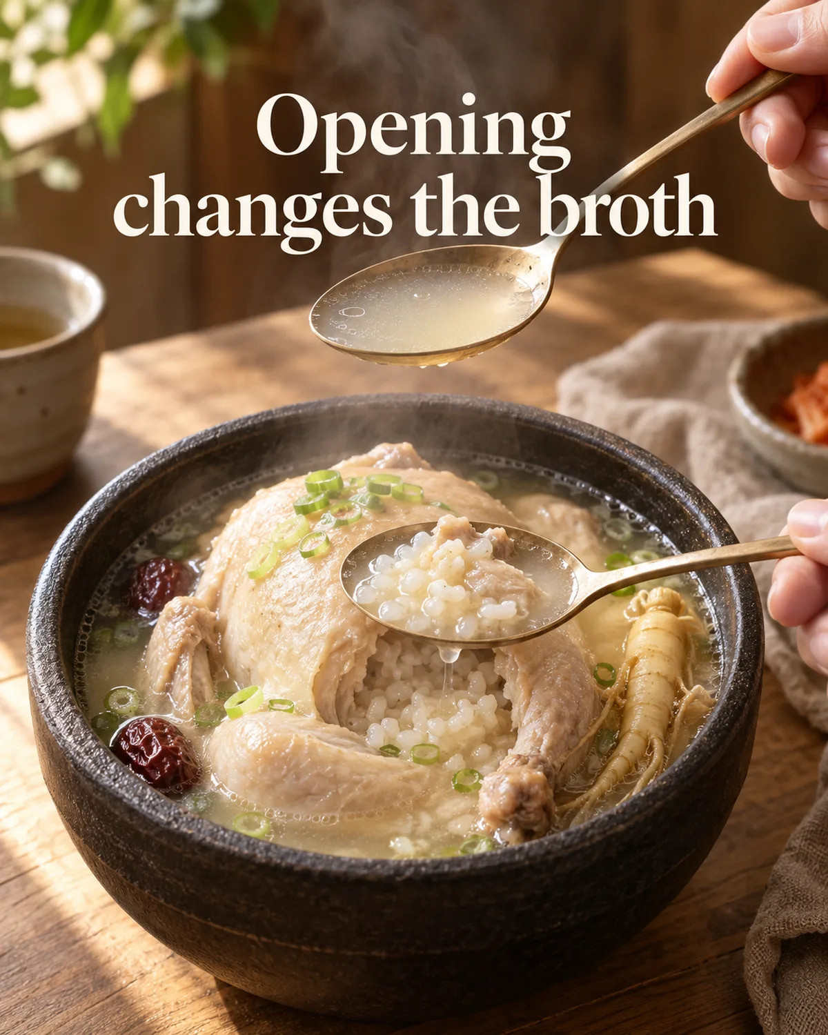 Rice released from the cavity can make later spoonfuls thicker than the first broth.