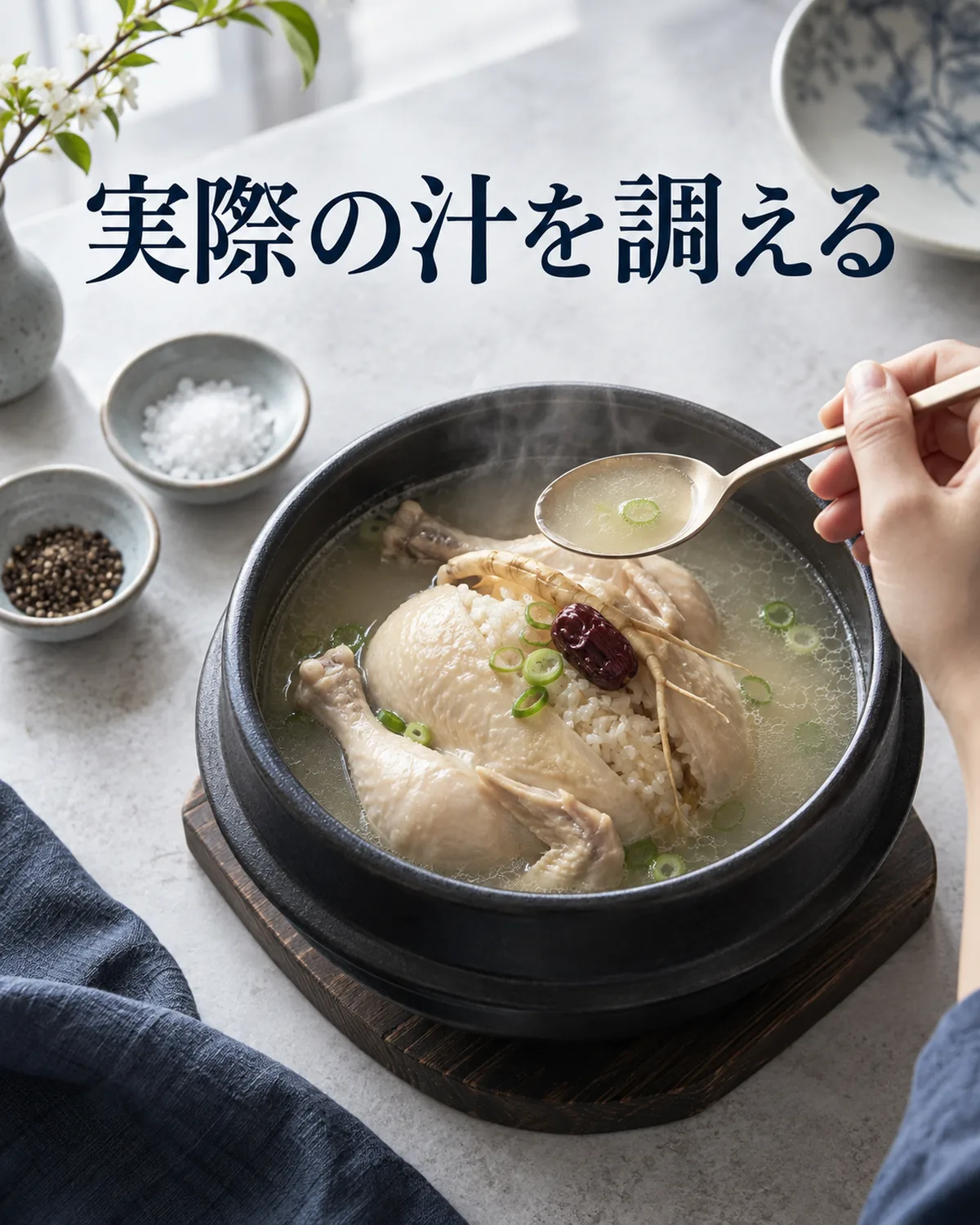 まず汁を味見し、実際の塩味に合わせて塩やこしょうを足す。