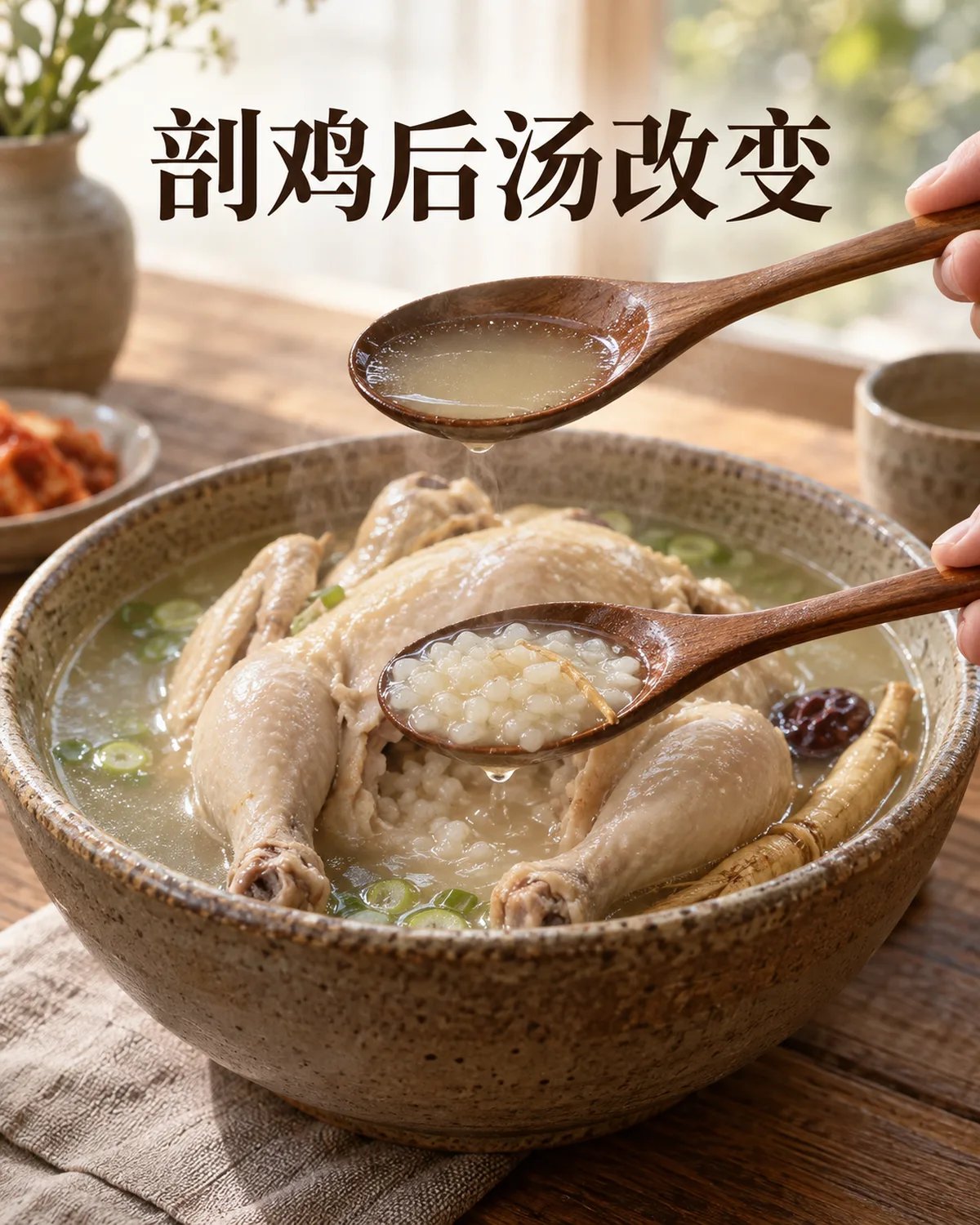 鸡腹里的米进入汤中后，后面的汤勺可能比第一口更稠。