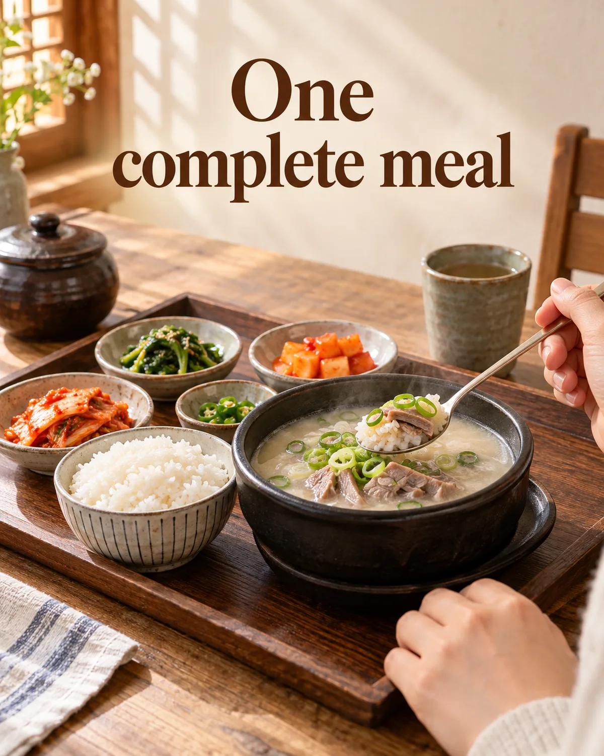 An individual soup-and-rice setting can include a main ingredient and vegetable side dishes.