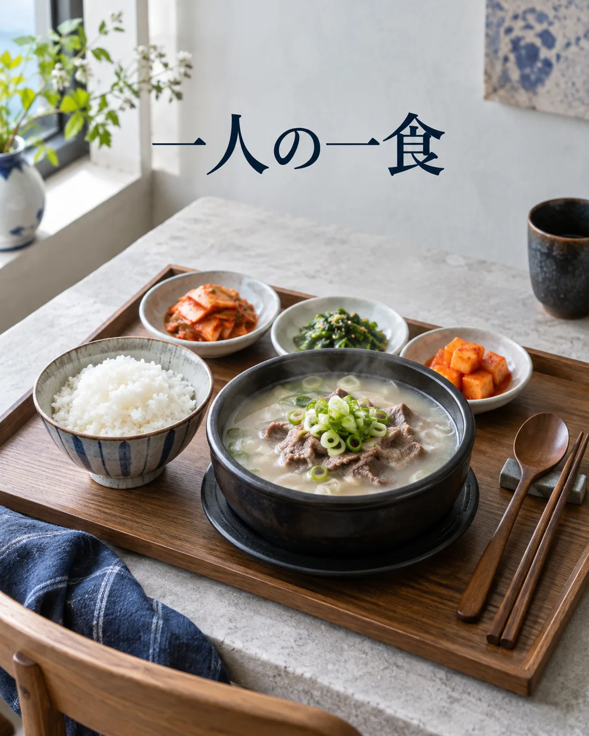 一人分の汁とご飯に、主な具と野菜の小皿が付く食事の例。