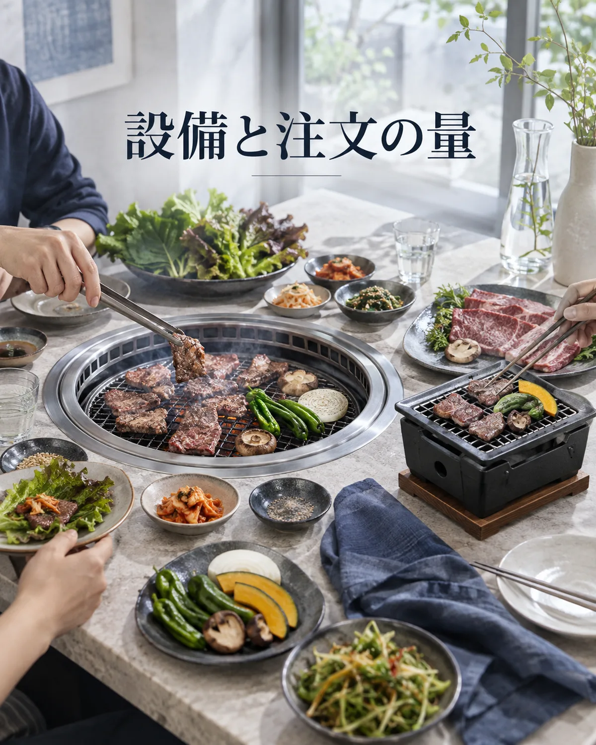 共有の焼き台と一人用の設備は、必要な注文量に関係する。