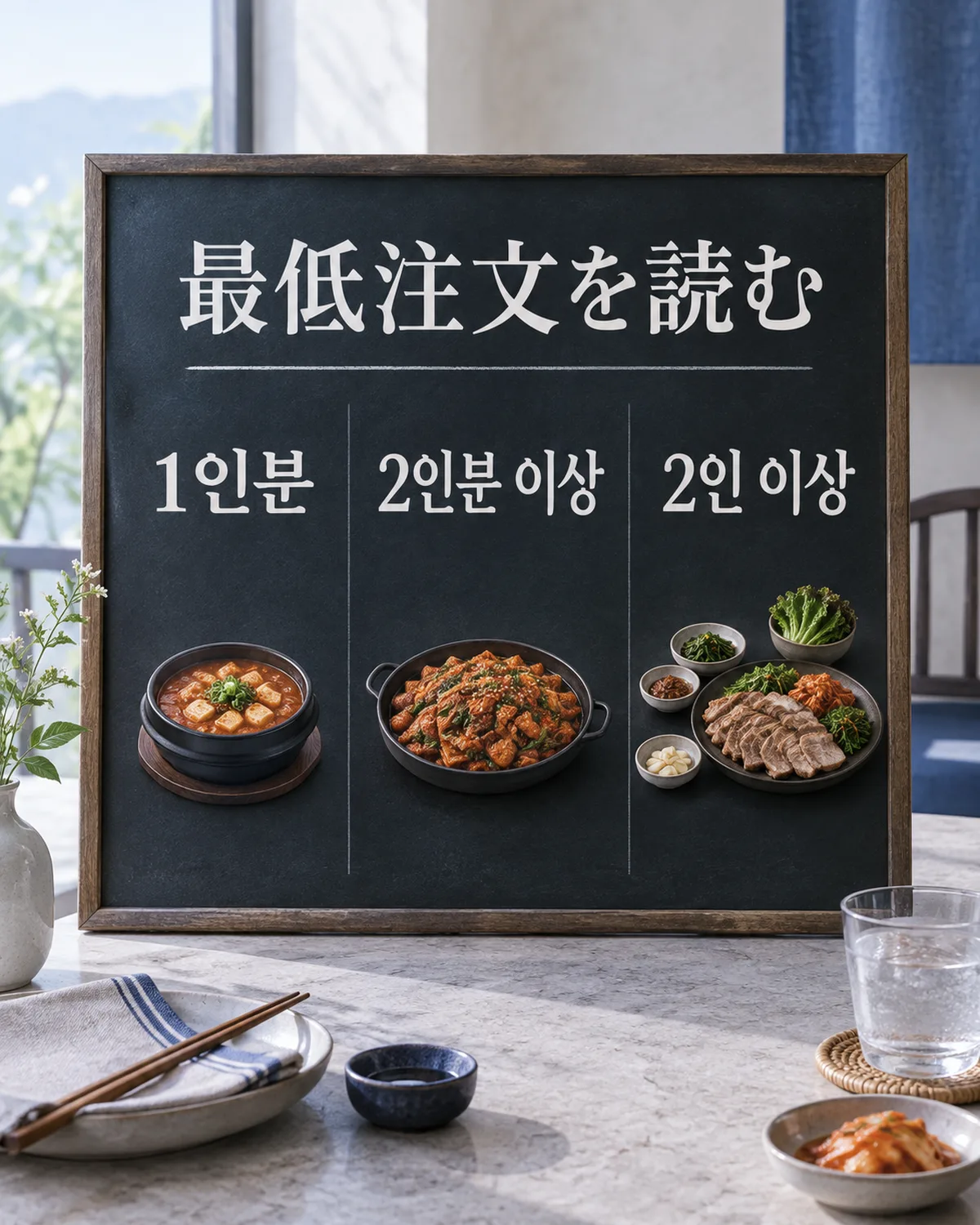 一般的なメニュー表記で、一人前、最低注文量、人数条件を区別する。特定の店の規則ではない。