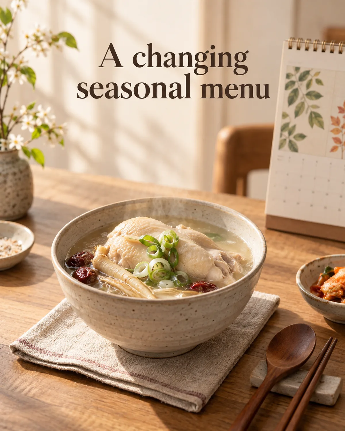 A modern chicken-soup serving illustrates one form of a seasonal menu that has changed over time.