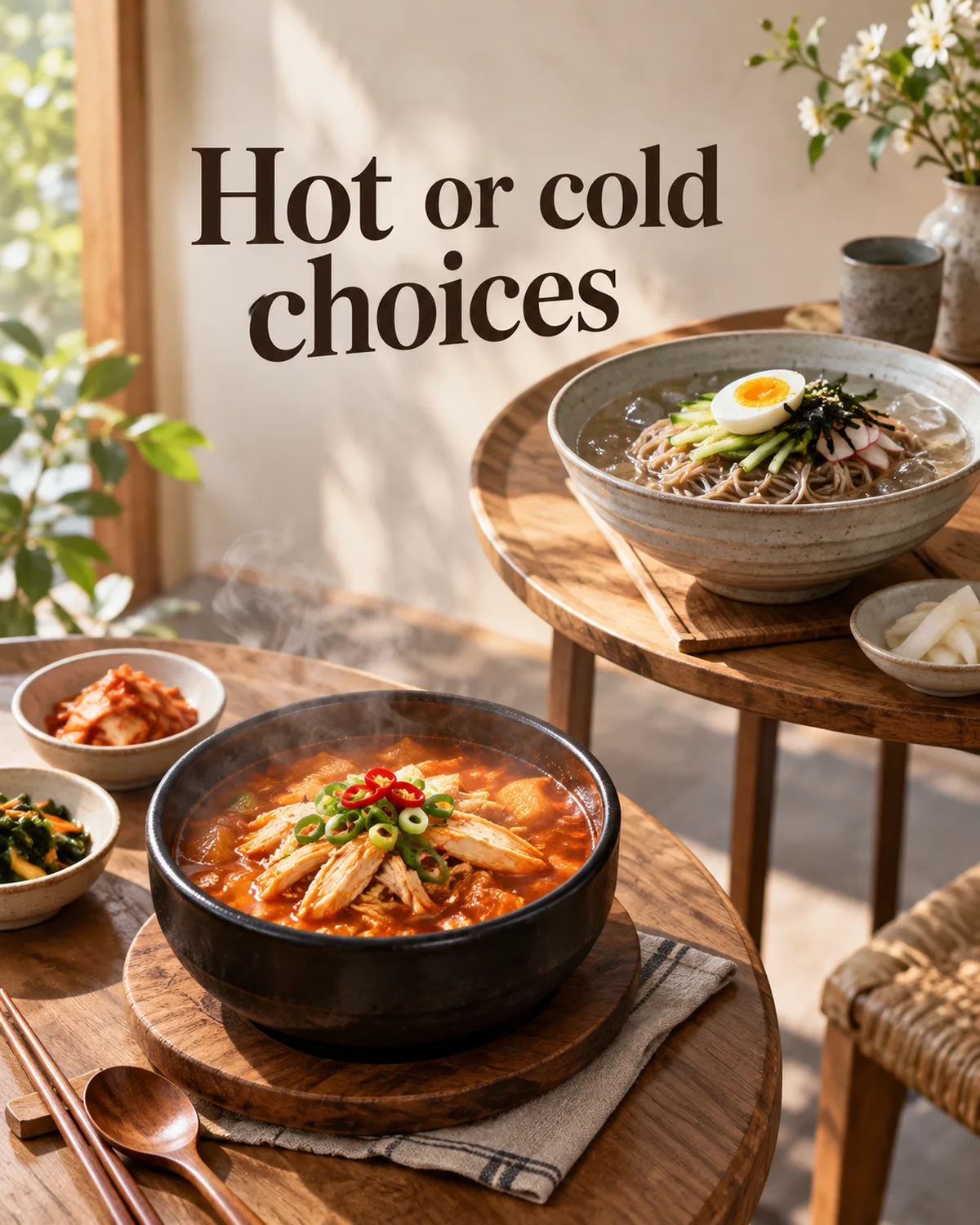 Hot chicken soup and cold noodles are different summer meal choices; neither is a promised medical treatment.