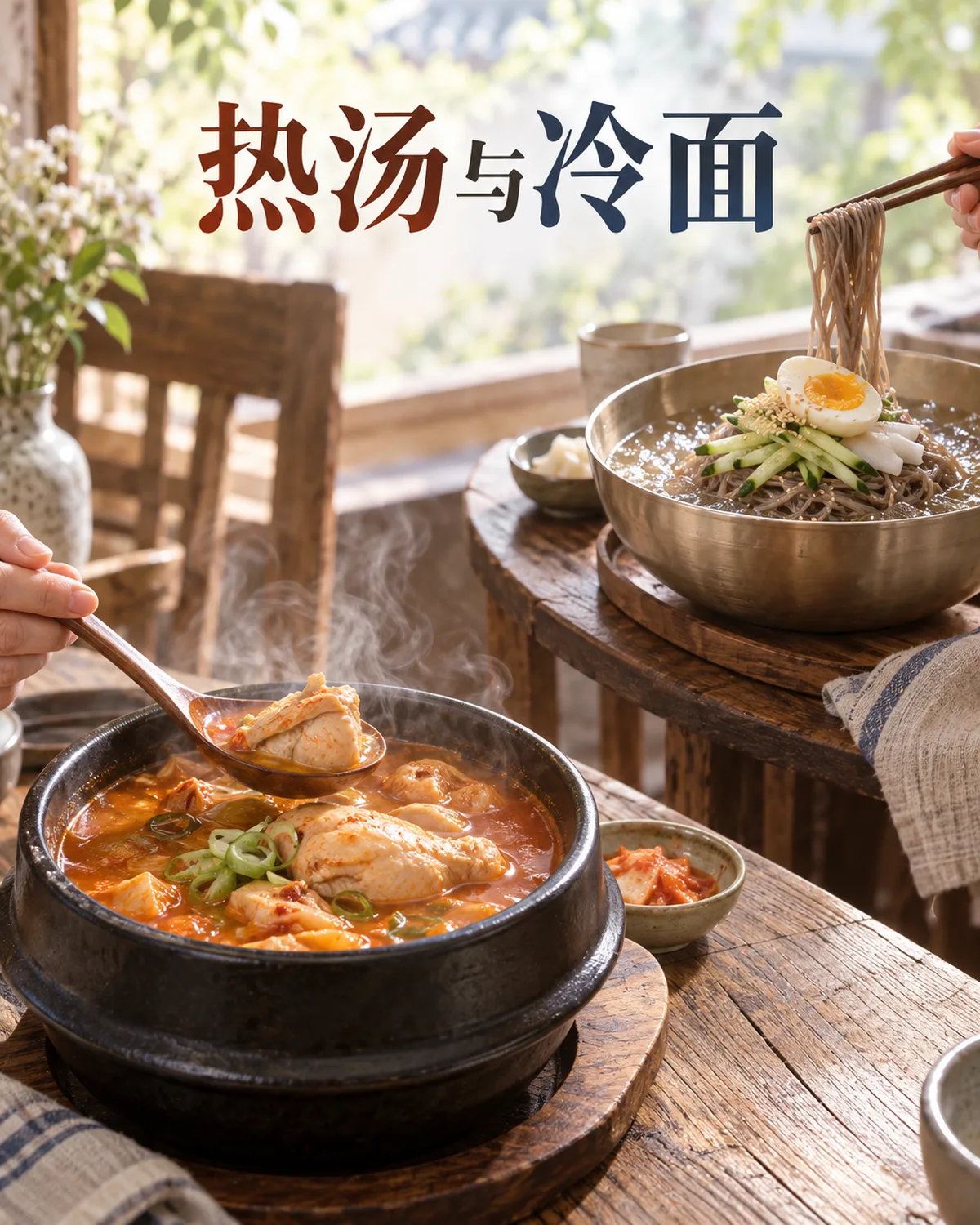 热鸡汤与冷面是不同的夏季用餐选择，图片不承诺医学效果。
