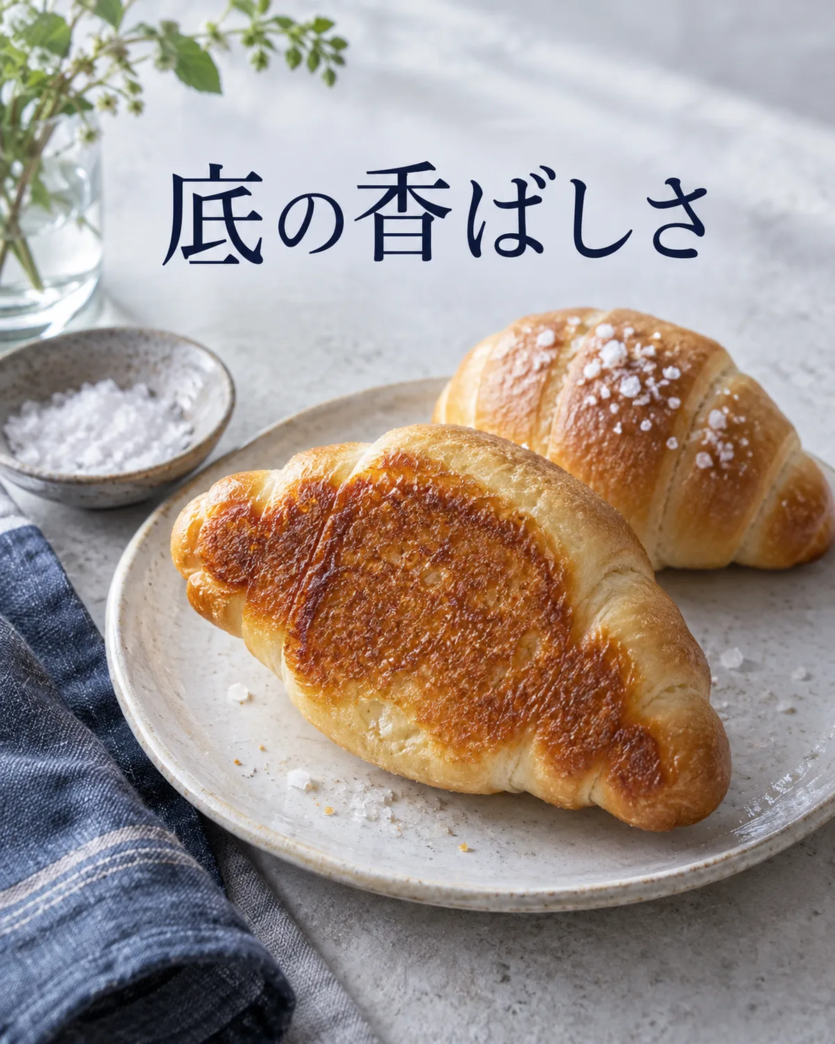 塩パンの焼き色のついた底と、やわらかい内側は違う食感を持つ。